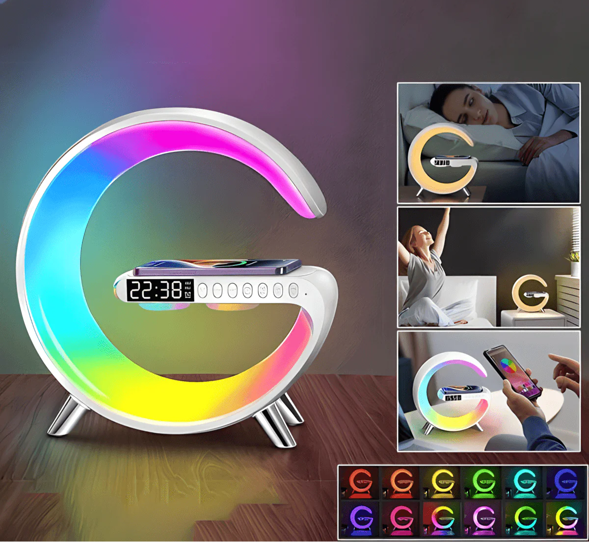 Velador con luz LED + Cargador inalámbrico y Bluetooth