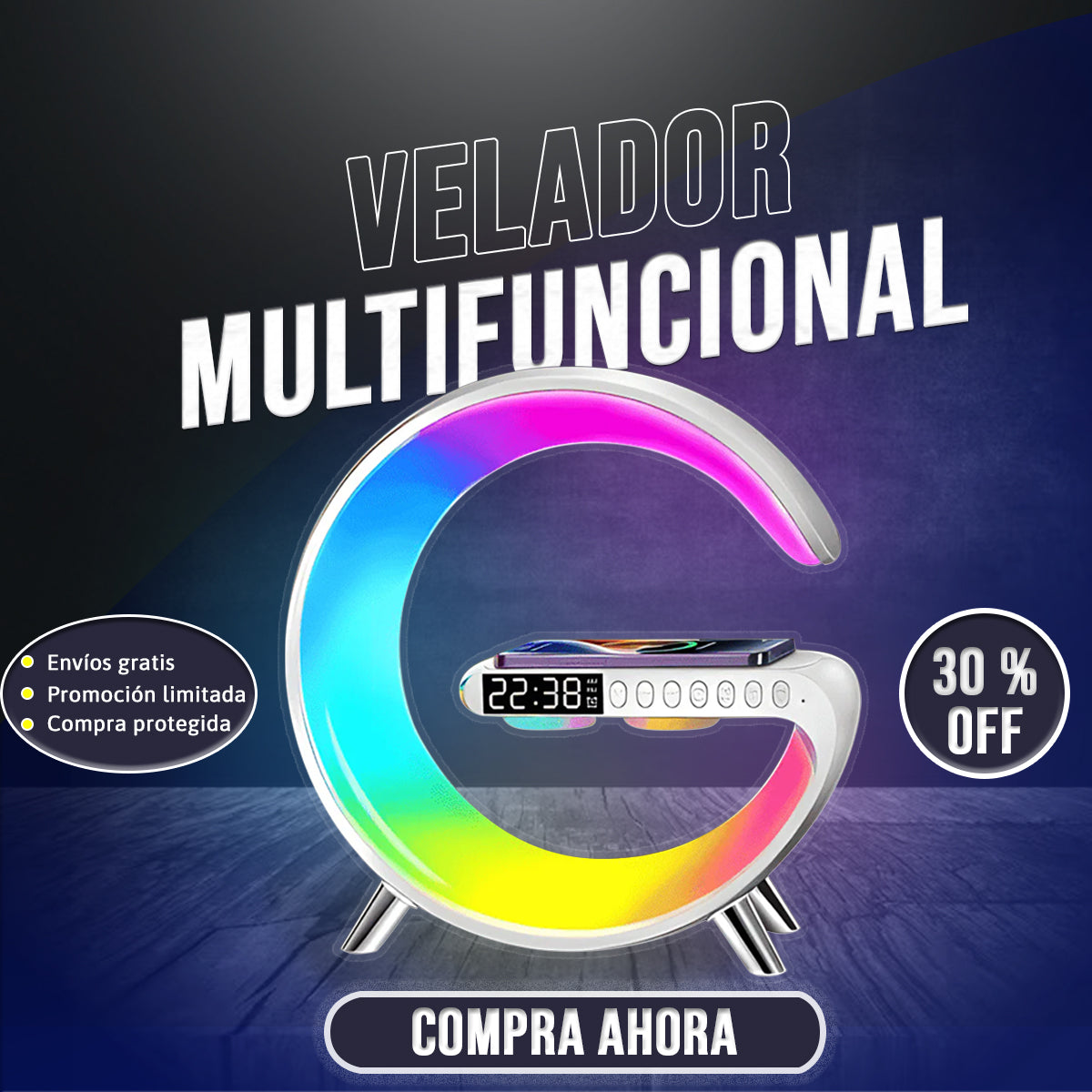Velador con luz LED + Cargador inalámbrico y Bluetooth
